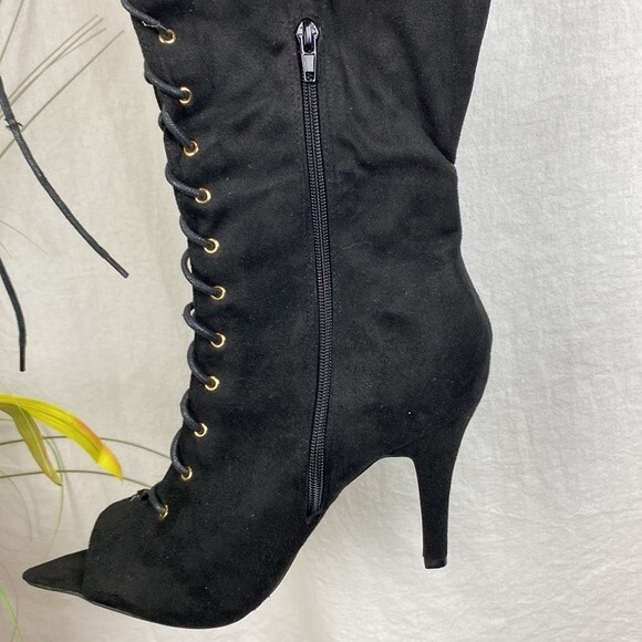 FTF Nadia Black Faux Suede Lace Up Thigh High Open Point Peep Toe Heel Boots 11 - Picture 2 of 11